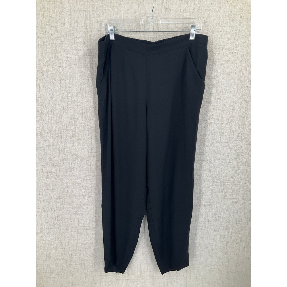 Eileen Fisher Pants Women L‎ Black Silk Tapered Elastic Waist Minimalist Luxury